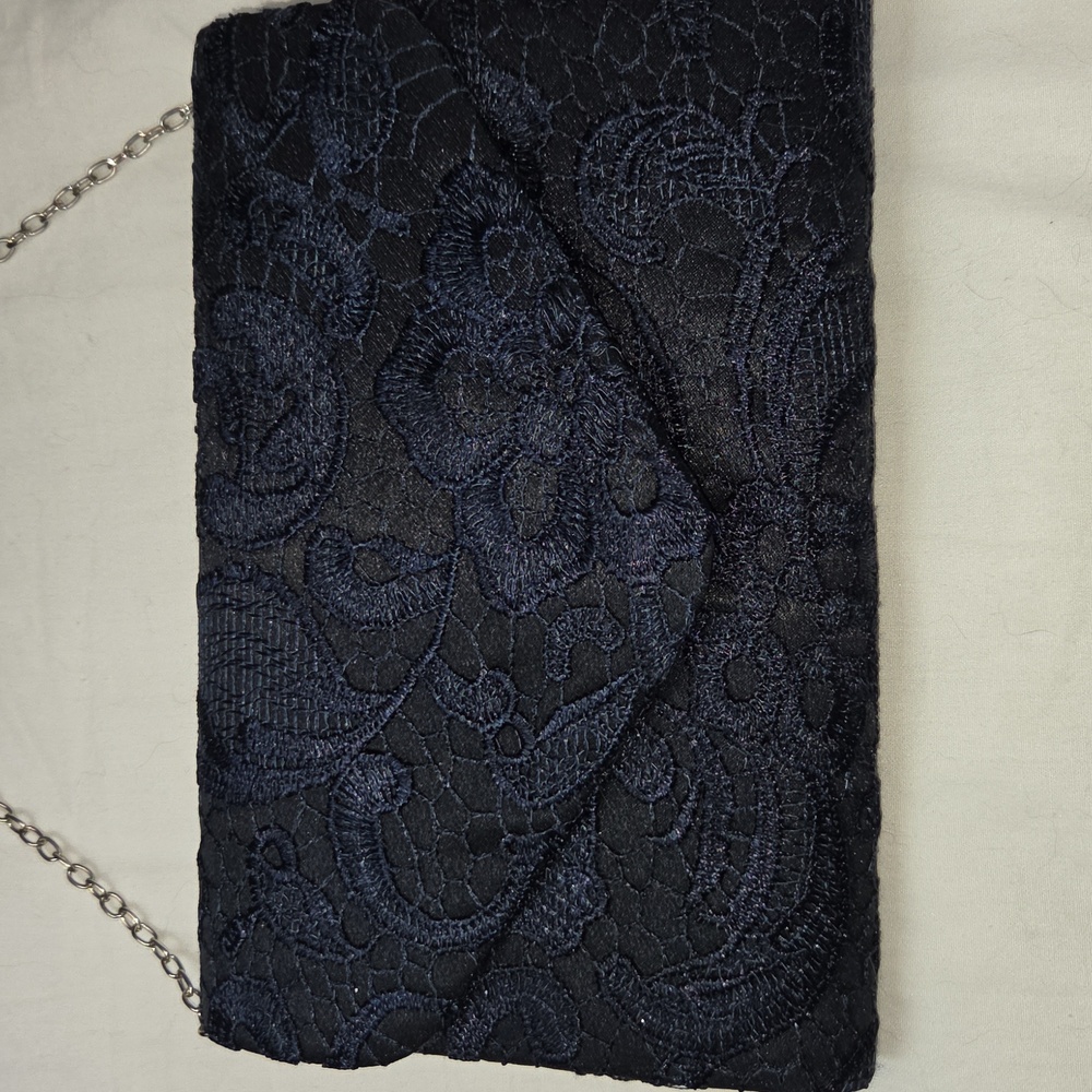 NAVY BLUE Lace Clutch Purse Handbag With Silver Tone Detachable Chain Strap